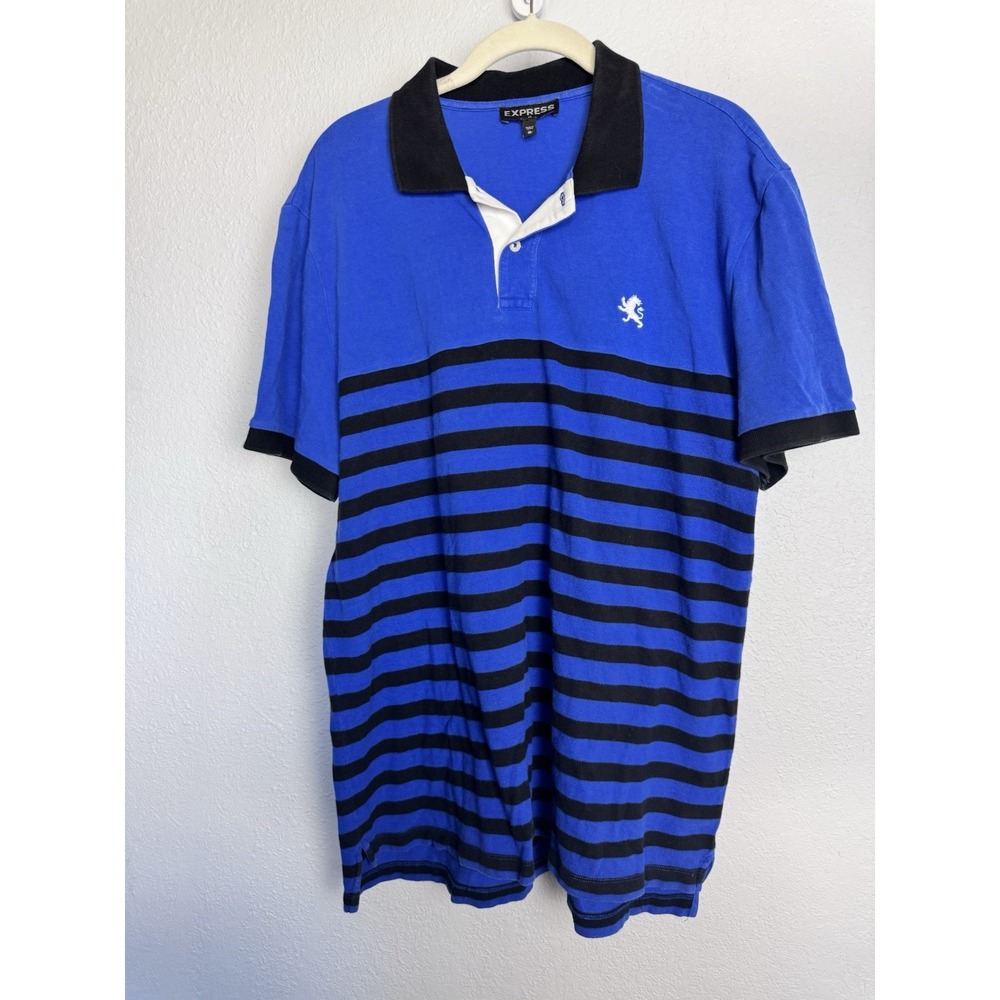 Express‎ Men's Polo Shirt XL Blue Black Striped Preppy Classic Fit 100% Cotton